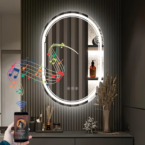 Vista 7 de Espejo de baño LED de 24 x 32 pulgadas con luces, altavoz Bluetooth integrado, antivaho regulable, 3 ajustes de luces retroiluminados + iluminación