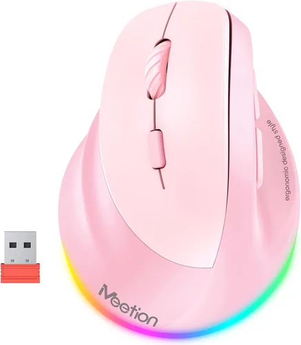 Vista 16 de MEETION Ratón ergonómico para zurdos, ratón inalámbrico vertical RGB recargable, Bluetooth (5.2 + 3.0) y USB-A con adaptador USB-C, 4 DPI