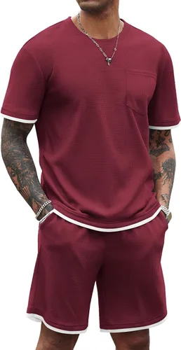 Vista 45 de COOFANDY Conjunto de camisa y pantalones cortos de gofre para hombre, conjunto de 2 piezas, conjunto casual de verano con bolsillos