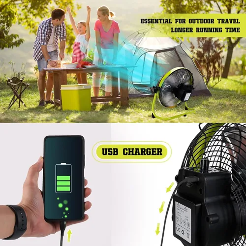 Vista 5 de Ventilador a batería de 12 pulgadas, ventilador de piso recargable de 15000 mAh, ventilador portátil inalámbrico para exteriores con hoja de metal