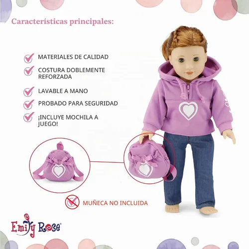 Vista 4 de Emily Rose Conjunto de 3 piezas con sudadera con capucha rosa de 18 pulgadas, con sudadera, jeans y mochila a juego, ropa de muñeca de 18 pulgadas