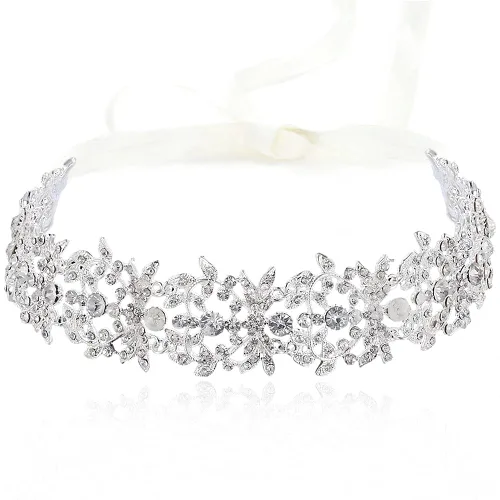 Vista 5 de Babeyond Diadema de novia Hecha a mano con estrases Hojas y flores con moño de lazo, talla única , Style-2