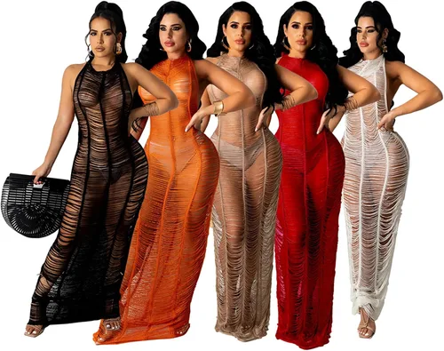 Vista 3 de Vestido largo de ganchillo sexy para mujer sin mangas de malla transparente sin espalda tejido de punto para la playa bikini