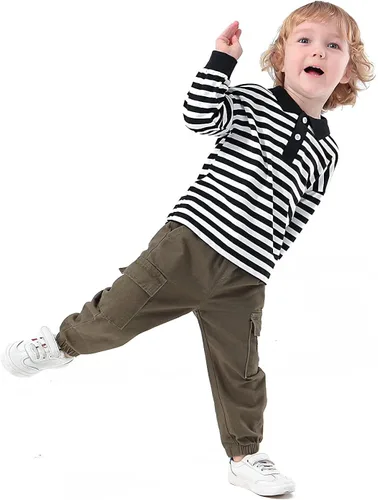 Vista 2 de Conjunto de 2 polos de manga larga para niños pequeños + ropa de pantalones cargo