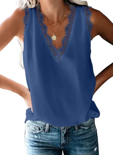 Vista 23 de BLENCOT Camiseta sin mangas con cuello en V para mujer, blusa de encaje, chaleco casual, camisola de verano Albaricoque