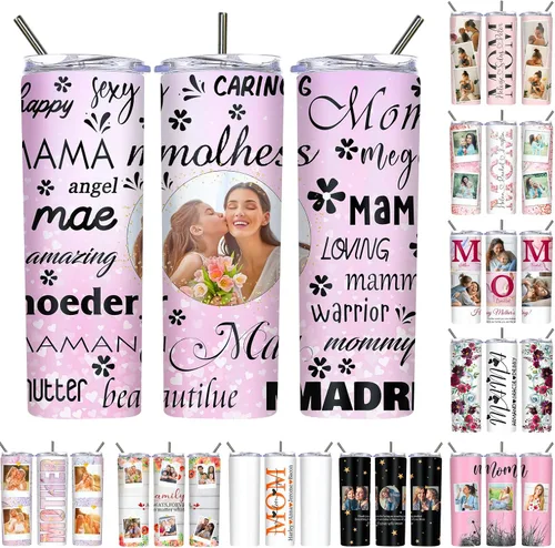 Vista 21 de Regalos para el Día de la Madre, vaso personalizado con foto de mamá, vasos delgados con tapa de nombre y pajita, 20 onzas, taza de café de viaje