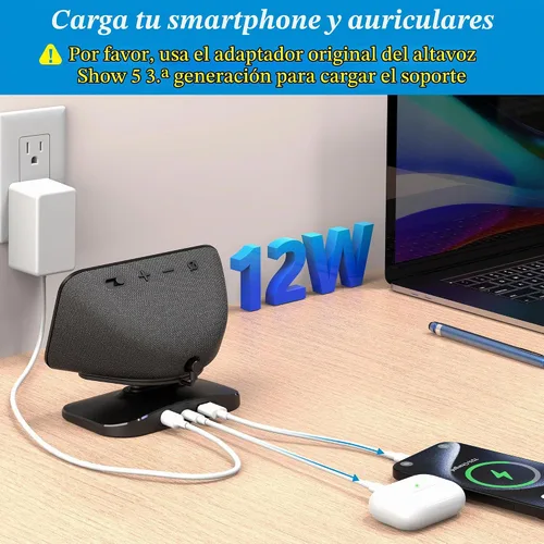 Vista 3 de PlusAcc Soporte para Show 5 (3ª generación) - Soporte de mesa ajustable con 2 puertos de carga (USB-C y USB-A), base magnética inclinable