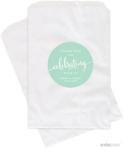 Vista 21 de Andaz Press Bolsas de regalo personalizadas para mesa de postre, agradecimiento por celebrar con nosotros, aguamarina, paquete de 24, personalizadas