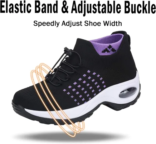 Vista 3 de Tenis estilo calcetines para caminar, de mujer, acolchado con malla, cámara de aire, cómoda cuña, calzado confortable, tipo mocasines de plataforma