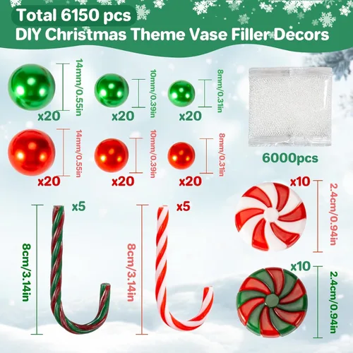 Vista 2 de Sukh 6150 PIEZAS Decoración de Relleno de Jarrón de Navidad con Caña de Caramelo de Navidad - Perlas de Navidad Plásticas, Cañas de Caramelo, Perlas