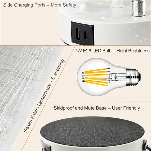 Vista 5 de LTBLIGHT Lámpara de mesita de noche con puerto USB + salida de CA, lámpara de escritorio regulable de 3 vías, lámpara pequeña de base blanca