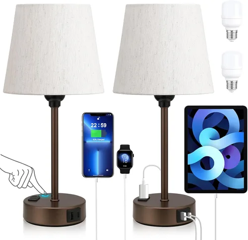 Vista 13 de Mini Lámparas de Mesita de Noche para Dormitorios Juego de 2 - Lámparas de Mesita de Noche para Dormitorio con Puerto USB C y Toma de Corriente AC
