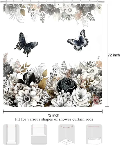 Vista 7 de Cortina de ducha floral negra y blanca, cortinas de ducha de flores y mariposas para baño, cortinas de baño de tela impermeable con hojas florales