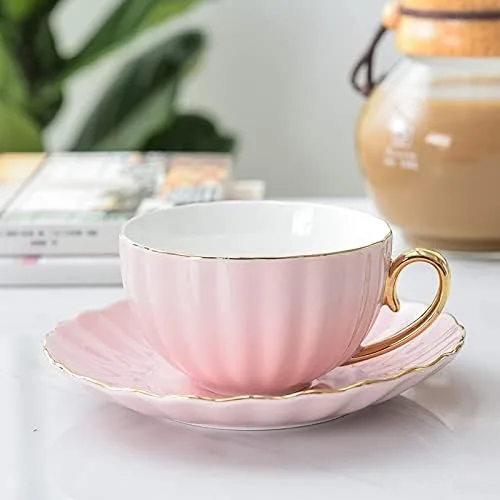 Vista 4 de Taza de café rosa linda taza y platillo creativo de porcelana cerámica juegos de té simples diseño moderno tazas de café tazas para tazas de café