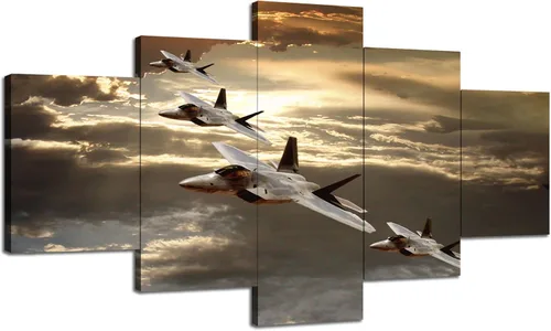 Vista 4 de Imágenes de aviones militares estadounidenses F-22 Raptor, pinturas artísticas de pared para sala de estar, 5 piezas, arte de lienzo estirado