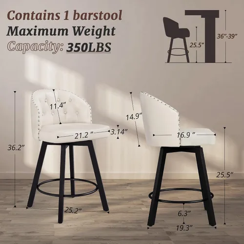Vista 2 de Cozyman Taburetes de bar retro de altura de mostrador con respaldo, asientos tapizados de piel sintética giratoria de 26 pulgadas, patas de metal