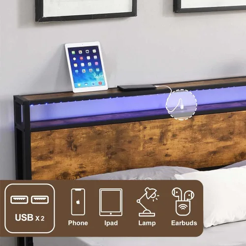 Vista 5 de Base de cama de plataforma de metal de tamaño matrimonial con cabecero y estribo de madera con luces USB y LED, no necesita somier, gran