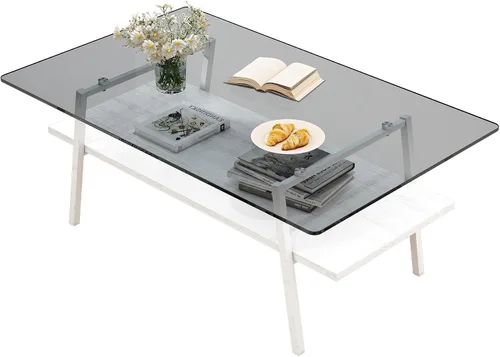 Vista 4 de Mesa de centro de cristal para sala de estar, mesa de centro de 2 niveles de mediados de siglo, mesa central con parte superior de vidrio templado