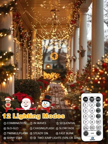 Vista 4 de Luces de Navidad controladas por voz con control remoto, cadena de 300 luces LED de 99 pies para interiores y exteriores con 12 modos, 3