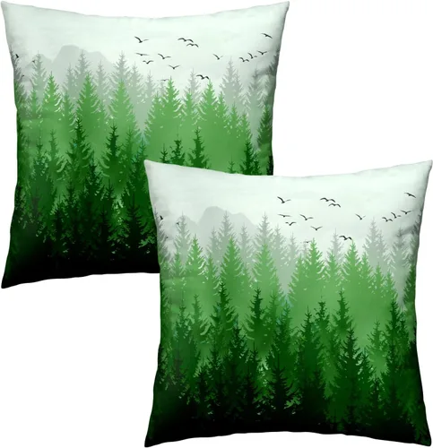 Vista 2 de Juego de 2 fundas de almohada de bosque de abedul, fundas de almohada decorativas de montaña de madera verde oscuro brumoso de 16 x 16 pulgadas