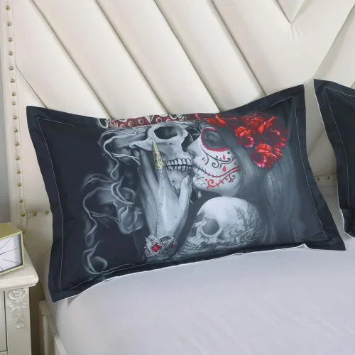 Vista 5 de Juego de funda de edredón con diseño de calavera de azúcar gótica oscura 3D