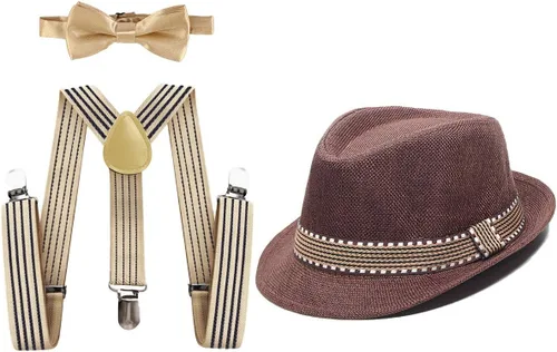 Vista 2 de IZKIZF Disfraz infantil de los años 20, sombrero de gángster Fedora, tirantes en forma de Y, corbatín, boda, fiesta de cumpleaños, Halloween, cosplay