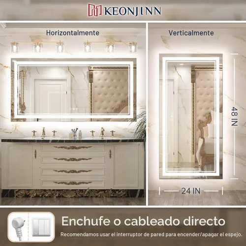 Vista 9 de Keonjinn Espejo de baño LED de 48 x 24 pulgadas con luz frontal