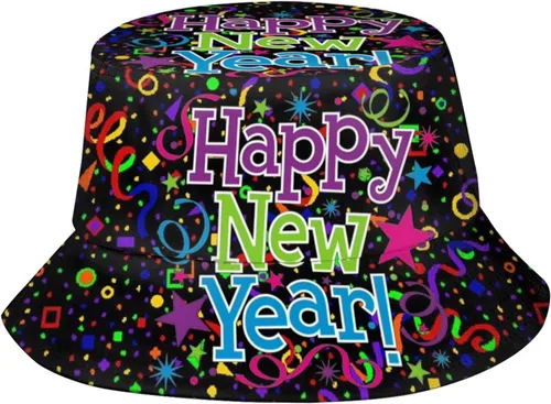 Vista 6 de Sombrero de pescador de feliz año nuevo para hombres, mujeres, adolescentes, plegable, con tema de Año Nuevo, sombreros para el sol, gorra