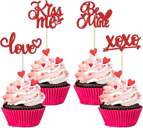 Vista 19 de Ephlyn 24 adornos para cupcakes con purpurina para el día de San Valentín, dulce amor, corazón, día de San Valentín, decoración para cupcakes Oro 13