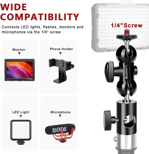 Vista 5 de Adaptador de montaje de soporte de luz con cabezal de bola doble, compatible con luz de anillo, se adapta al soporte de luz de cabeza plana, carga