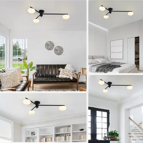 Vista 5 de Lámpara de araña moderna Sputnik de 3 luces con pantalla de vidrio lechoso - Lámpara de techo empotrada negra para cocina