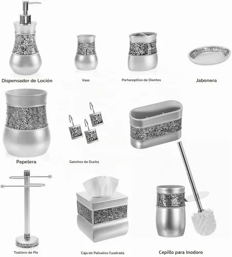 Vista 6 de Juego de accesorios de baño plateado completo de 6 piezas de vidrio agrietado