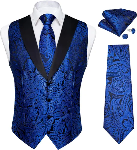 Vista 27 de DiBanGu Chaleco de traje de cachemira para hombre, chaleco jacquard de seda y corbata, chaleco formal de cuello de chal, 7 piezas para fiesta