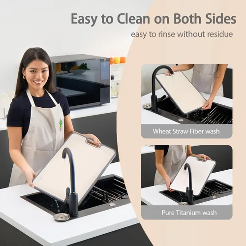 Vista 6 de Tablas de cortar de titanio para cocina de doble cara, tabla de cortar de doble cara de grado alimenticio, titanio puro y paja de trigo, apta