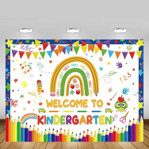 Vista 5 de MEHOFOND Cartel de fondo de bienvenida a jardín de infantes de 7 x 5 pies, diseño de arco iris, para regreso a clases, decoración de fiesta