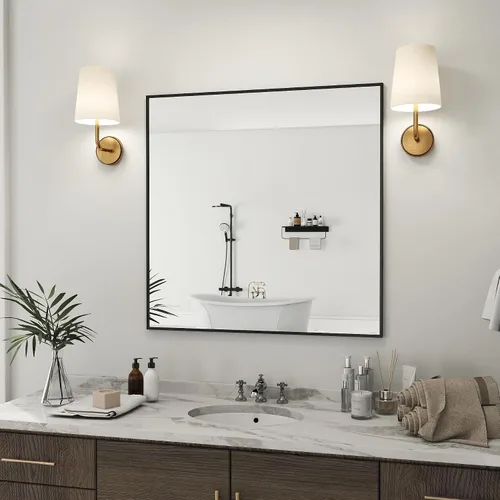 Vista 22 de [Usado] Espejo de baño con marco negro mate, espejo rectangular de tocador de 55 x 30 pulgadas, espejo de pared rectangular grande, antioxidante