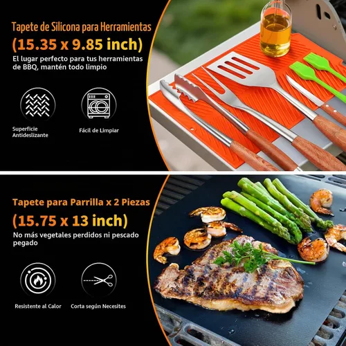 Vista 6 de Juego de accesorios para parrilla de 16 pulgadas, herramientas de accesorios para barbacoa de acero inoxidable resistente y accesorios para parrilla
