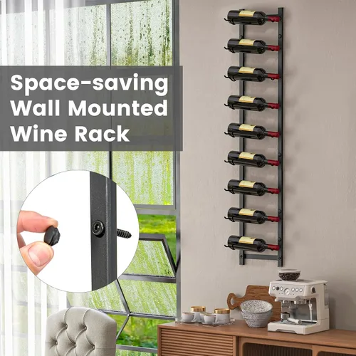 Vista 4 de GOFLAME Estante para vino montado en la pared, estante colgante para 9 botellas, soporte de vino de metal inoxidable para pared, organizador