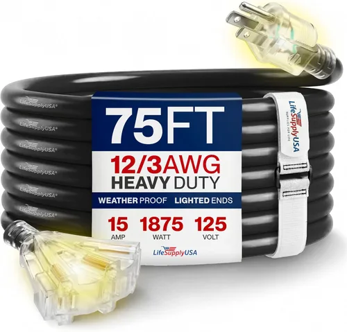Vista 13 de Cable de extensión de 3 pies para exteriores/interiores, 3 tomas, calibre 12/3, extra resistente, 3 clavijas SJTW, impermeable, flexible, resistente