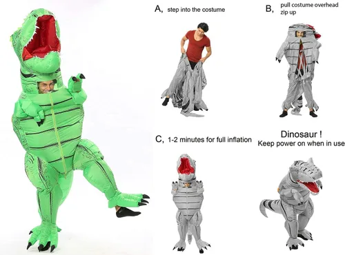 Vista 4 de FUNNY COSTUMES Disfraz de dinosaurio, inflable, traje de T Rex, tamaño adulto, Halloween, autobús escolar, fiesta de dinosaurio T Rex Verde