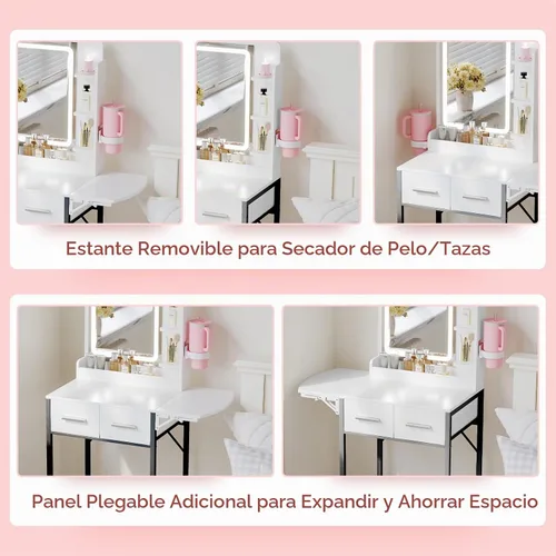 Vista 8 de Pequeño escritorio de tocador para espacio pequeño: juego de mesa de maquillaje compacto para dormitorio pequeño - Vanidad que ahorra espacio