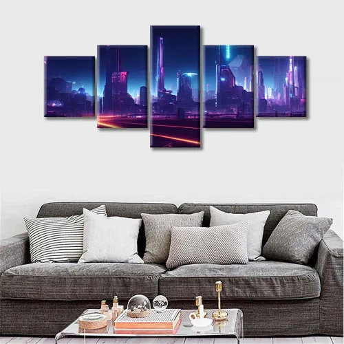 Vista 128 de Cuadros de 5 paneles de Cyberpunk City, arte de pared, representación de vallas publicitarias, edificios modernos en la capital con obras de arte
