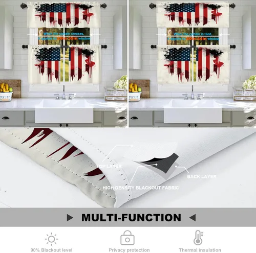 Vista 4 de Batmerry American Flag Ink Dot Blackout Tier Curtains, Red Blue White Stars Abstract Thermal Insulated Half Curtain Rod Pocket Small Valance for