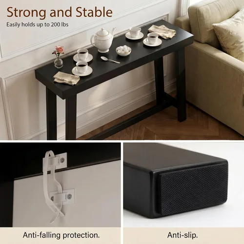 Vista 5 de Mesa de consola estrecha de bambú de 47.2" (120 cm), mesa auxiliar de madera estilo granja, mesa rectangular de entrada, mesa de sofá moderna detrás
