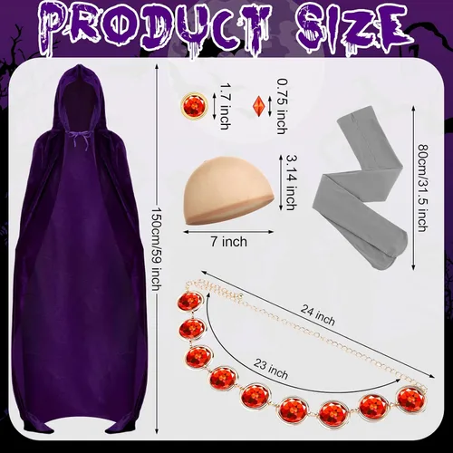 Vista 3 de 6 Pcs Halloween Purple Cape Adjustable Stone Chain with Red Gems Diamond Wig Nets and Pantyhose Set for Halloween Cosplay