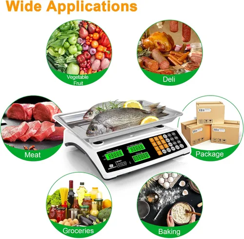 Vista 7 de Báscula de cálculo de precios 88lb/40kg Báscula comercial de alimentos para productos agrícolas y carne con plataforma grande de acero inoxidable