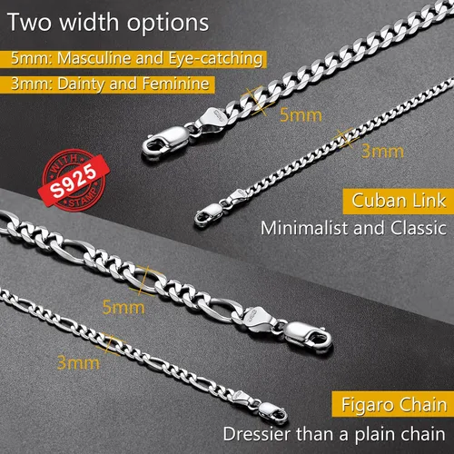 Vista 7 de PROSTEEL 925 Sterling Silver Cuban Link Chain Necklace, Dainty Figaro Chains, Solid & Shiny, 3mm5mm, 14-28 inch, Come Gift Box