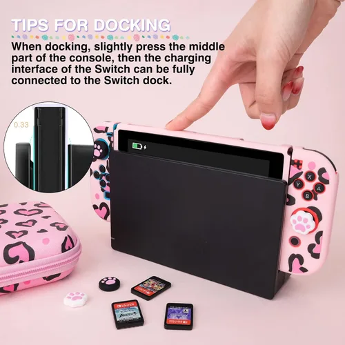 Vista 5 de DLseego Pink Love Leopard Carrying Case for Switch, Cute Silicone Protective Case Soft Cover with 4PCS Thumb Grip Caps and Pink Plush Heart Pendant
