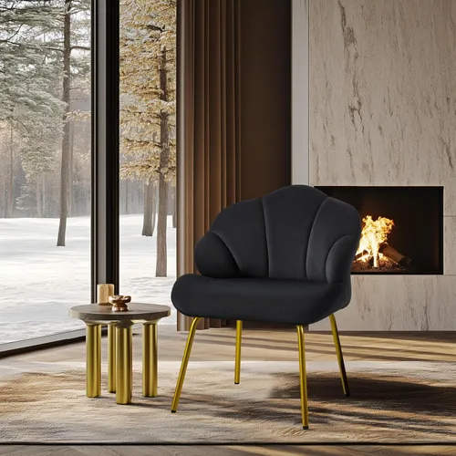 Vista 8 de Yaheetech Silla de tocador, silla decorativa de terciopelo con respaldo en forma de concha, sillón moderno con patas de metal dorado para Negro