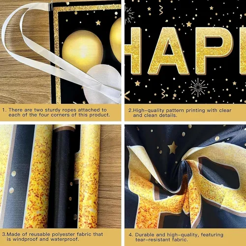 Vista 6 de Decoraciones de cumpleaños número 16 para niños y niñas, pancarta de decoración de feliz cumpleaños de 16 años en negro y dorado, suministros